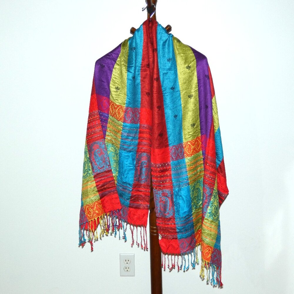 Colorful Pashmina Fringed Shawl Scarf Wrap Red Blue Yellow Purple Reversible